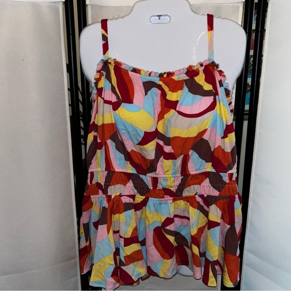 torrid Colorful Abstract Ruffle Tank Top - Red, Yellow, Blue, Pink, Brown